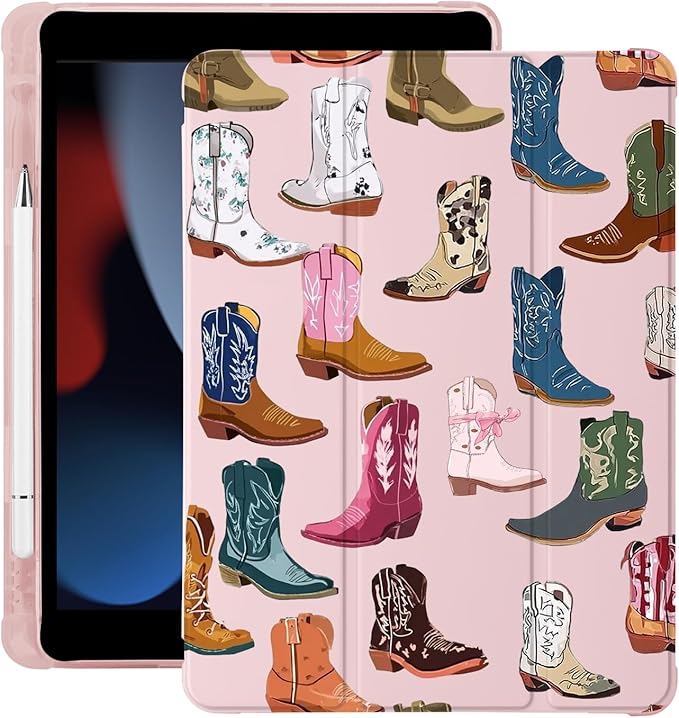 Cute Cowgirl Boots for iPad Pro 12.9 Inch Case 5th/6th Generation 2022/2021/2020 with Pencil Holder Auto Sleep/Wake Pink Leather Soft TPU Back Cover