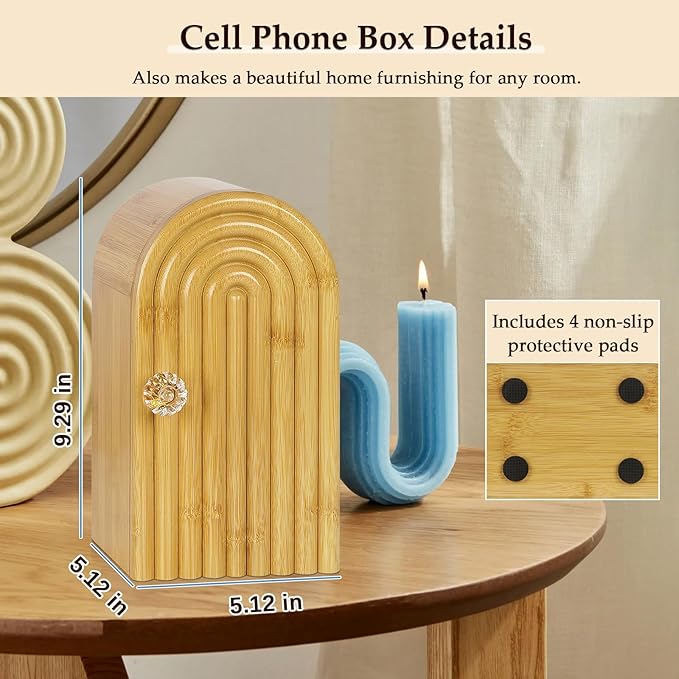 Phone Box for Family Time Bamboo Cell Phone Jail 3 Sections Hold 6 Phones with Charging Holes Phone Holder Self-Discipline Box Help Kids Adults Focus Back Mobile Phone Addiction (Wood)
