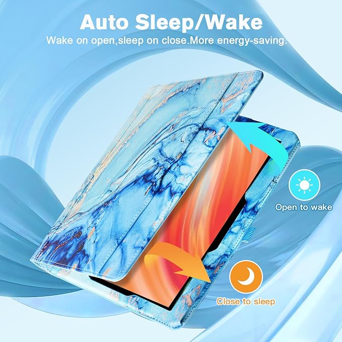 OKP Case for All New Kindle Fire HD 10 Tablet &amp HD 10 Plus (11th/13th Generation 2021/2023 Release) 360 Degree Rotating Swivel Stand Leather Cover with Pencil Holder Auto Wake Sleep Marble Blu