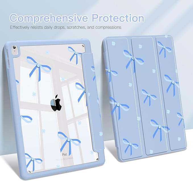 Teryeefi for iPad 10.2 case 2021 Release 9 Generation Built in Pencil Holder - Stand-Auto Wake/Sleep TPU Protection Stand Clear Back Cover for 2020 2019 iPad 7th/8th Case (Blue Bow)