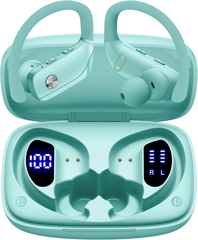bmani Ear Buds Wireless Earbuds Bluetooth Headphones with 80H Playtime LED Display Case Over-Ear Hook with Mic Stereo Sound Easy Button Controls Sports Earphones for Running Workout Gym Mint Green