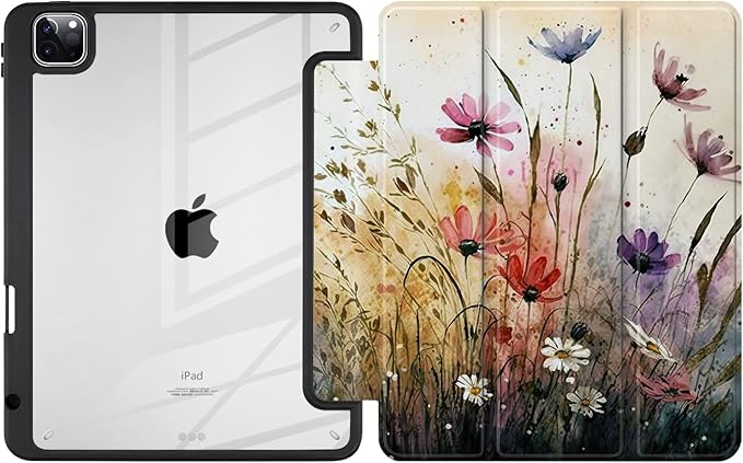 Batianda Case for New iPad Pro 11 inch 2025 M5 2024 M4 Chip [Built-in Pencil Holder] Trifold Stand Shockproof Cover with Clear Transparent Back Shell Soft TPU BumperAuto Sleep/Wake Daisy