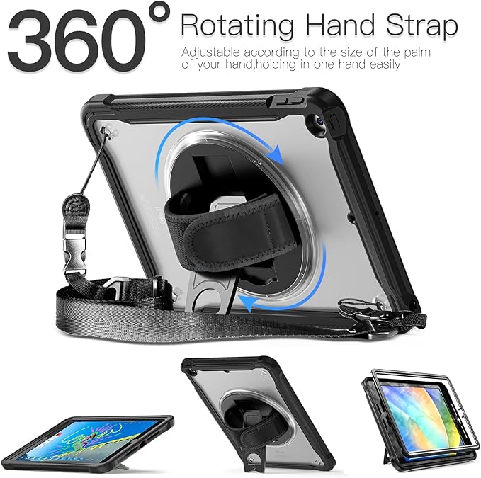 BRAECNstock for iPad 9th/ 8th/ 7th Generation Case 10.2 2021/2020/2019Shockproof Cover with 360° Rotating Hand Strap/StandScreen ProtectorCarrying Shoulder StrapPencil Holder(Black)