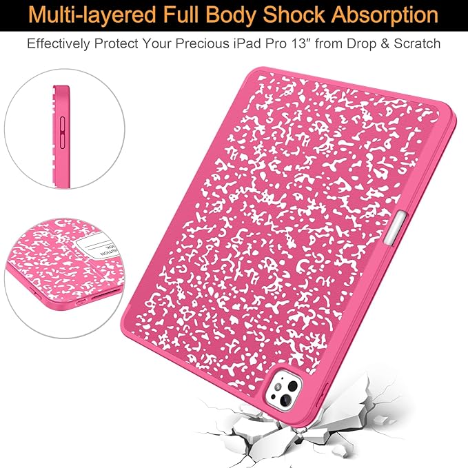 Soke Case for New iPad Pro 13 Inch (M5/M4 2025/2024 Release) with Pencil Holder Trifold Stand Shockproof [Support Apple Pencil Charging + Auto Wake/Sleep] Soft TPU Back Cover Book Hot Pink