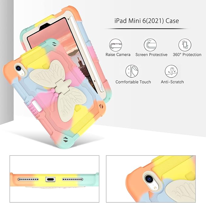 DUEDUE Case for iPad mini 7 (A17 Pro) 2024iPad mini 6 Case 2021 Butterfly Wings Kickstand with Pencil Holder Shockproof Protective Tablet Case for iPad mini 7th/6th Gen Kids Rainbow Pink