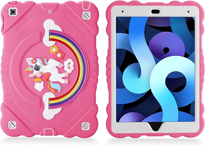 XZC Case for iPad 9th/8th/7th Generation 2021/2020/2019(10.2 inch) Unicorn Cute Cover Heavy Duty Shockproof Protective Case with Built-in Stand Strap for Kids Girls Women (Rose)