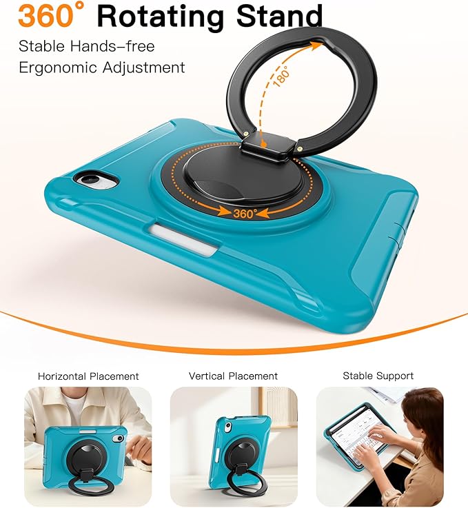 BATYUE Shockproof Case for iPad mini 7 (A17 Pro)/ Mini 6 8.3 inch (2024/2021) - 360° Multi-Angle Stand (Portrait &amp Landscape) &amp Grip Built-in Pencil Holder Lake Blue