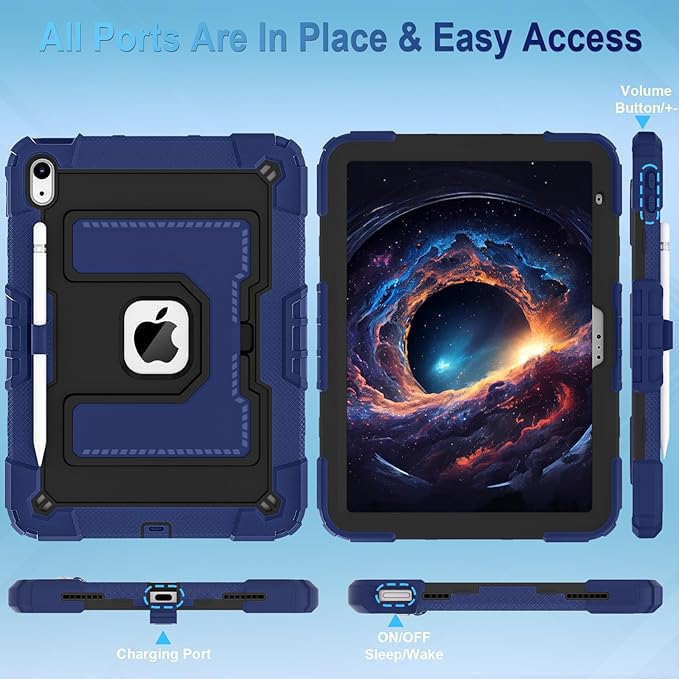 WESOROL Case for iPad A16 11th/10th Generation 2025/2022 with Pencil Holder Shoulder Strap iPad Case 10th Generation Shockproof Cover for iPad 11th/10th Gen CasesNavy Black