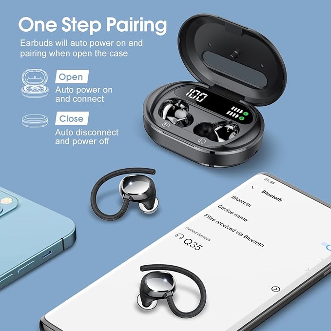Wireless Earbuds 2023 New Ultralight Sport Bluetooth 5.3 Headphones In Ear with LED Display Built-in Mic Earphones IPX7 Waterproof Wireless Headphones with Earhooks for Gym Workout (Black)