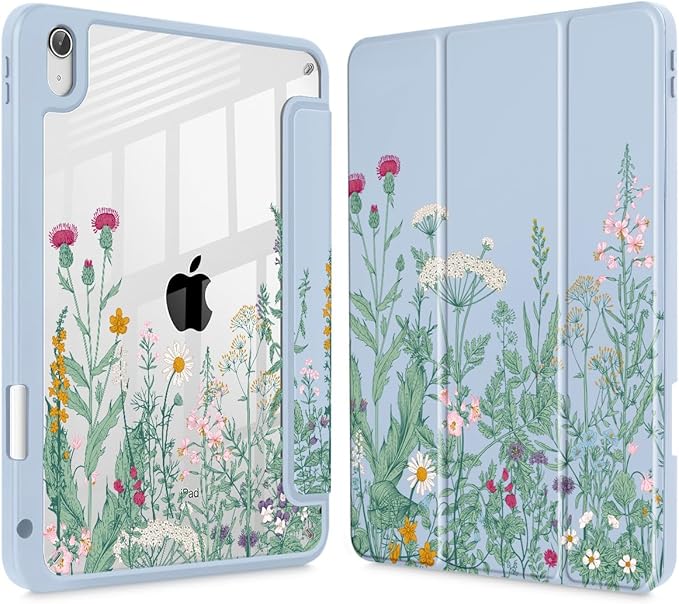 May Chen Case for iPad Air 13 Inch M4 2026 M3 2025 M2 2024 [Built-in Pencil Holder] Shockproof Cover with Clear Transparent Back Shell Auto Sleep/Wake Cover Herbs Flowers