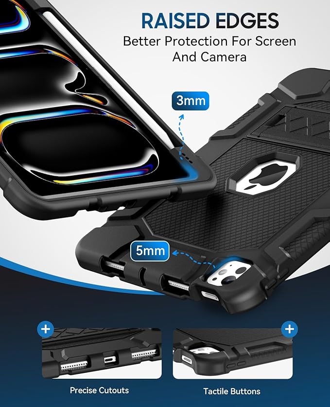 Case for iPad Pro 11 Inch Case (M5 2025/ M4 2024) with Pencil Holder Built-in Stand Military Grade Shockproof Protective Cover for iPad Pro 11 Black