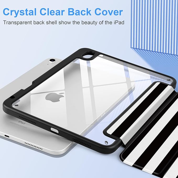 DONGKE Case for iPad (A16) 11th Generation 11 inch 2025 &amp iPad 10th Gen 10.9 inch 2022 [Built-in Pencil Holder] Clear Acrylic Back Trifold Stand Smart Cover Auto Sleep/Wake Black Stripes