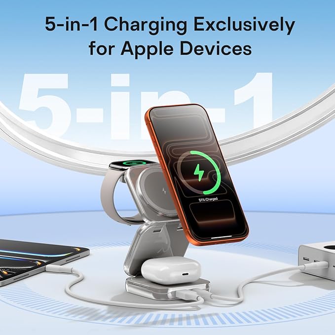 5-in-1 Wireless Charger for MagSafe AC ISLAND Portable Travel Charging Station 35W Max Fast Foldable Magnetic Stand Evolved for iPhone 17-12 &amp Air Series Apple Watch AirPods (with 35W Adapter