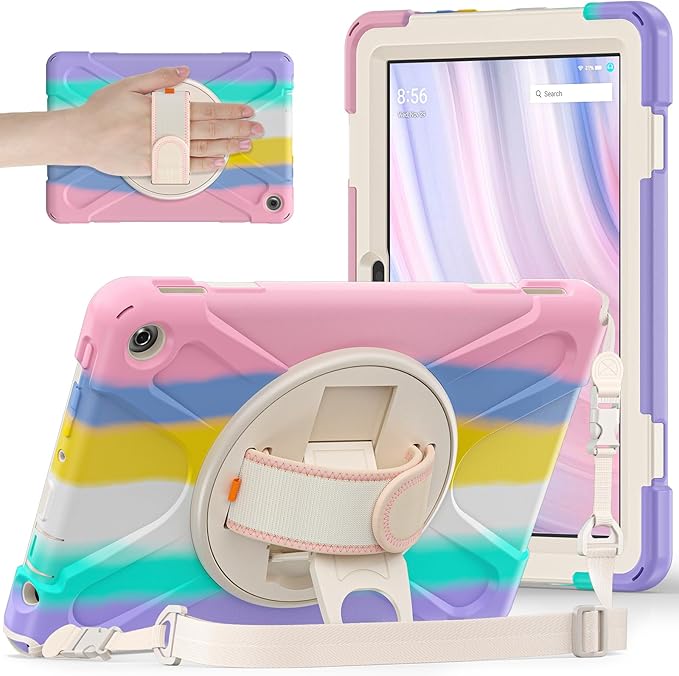 for Amazon Fire HD 10 &amp Fire HD 10 Kids Pro Tablet Case (13th Gen 2023 Release) Heavy Duty Shockproof Case with Hand/Shoulder Strap Rotating Kickstand Colourful Pink