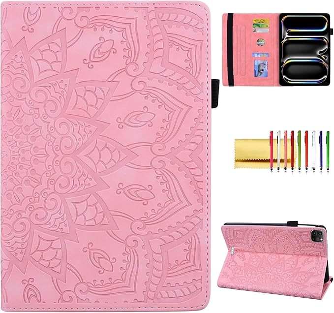Folio Case for iPad Pro 13-inch M4 M5 (2024-2025) Techcircle Anti-Slip Stand Mandala Embossed PU Leather Soft TPU Back Protective Cover with Elastic Strap Card Slots &amp Pencil Holder Pink