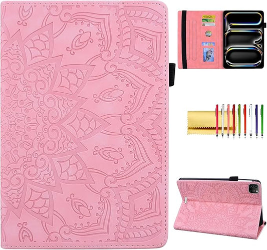 Folio Case for iPad Pro 13-inch M4 M5 (2024-2025) Techcircle Anti-Slip Stand Mandala Embossed PU Leather Soft TPU Back Protective Cover with Elastic Strap Card Slots &amp Pencil Holder Pink