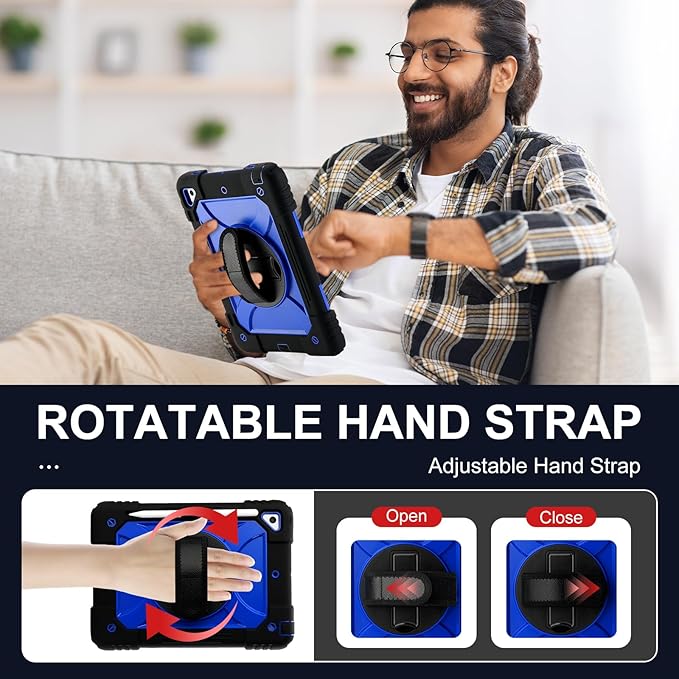 for iPad 6th Generation/iPad 5th Gen/iPad Air 2/iPad Pro 9.7 Case with Cute Key Chain Rugged Protective Case with Rotating Stand &amp Shoulder Hand Strap for iPad 6th/5th/ Air 2 (Black+Blue)