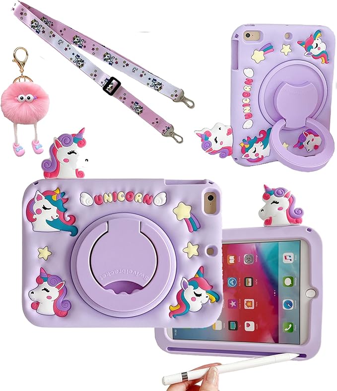 3D Cute Unicorn Case for iPad mini 7 (A17 Pro) 2024/Mini 6 2021 8.3 inchKawaii Cartoon Pretty Animal Soft Silicone Rotating Stand Case with Lanyard for Kids Teens Girls Women- Purple