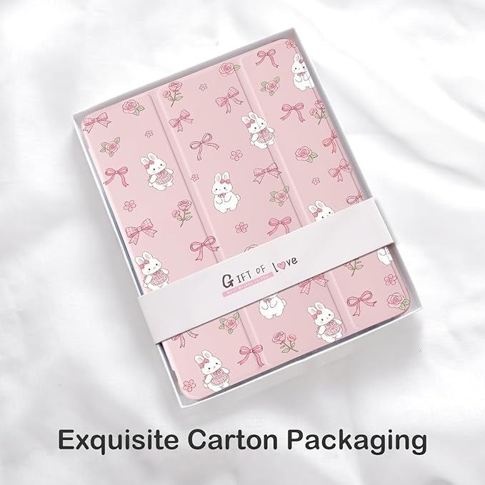 Cute Kawaii Bunny Bow Flower for iPad Air 11 Inch Case 7th/6th Generation (M3/M2) 2025/2024 with Pencil Holder Auto Sleep/Wake Pink Leather Soft TPU Back Cover