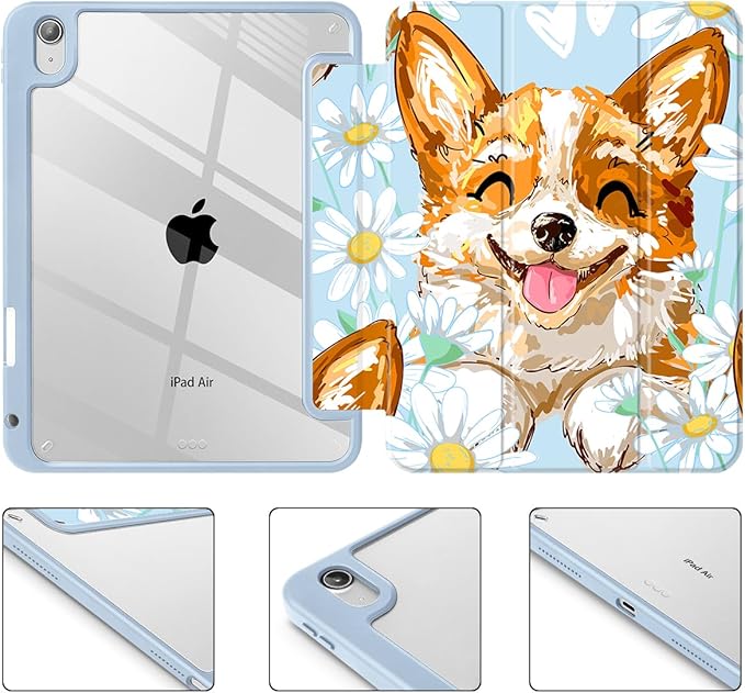 Case for iPad Air 11'' (M4 2026/M3 2025/M2 2024)/ iPad Air 10.9'' Air 5th /4th Gen Shockproof Cover with Clear Back Shell &amp Penceil Holder Auto Wake/Sleep Stand Cover Cute Corgi Dog