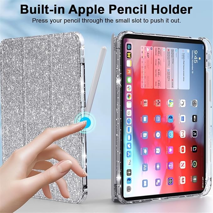 Case for iPad (A16) 11th Generation 11 inch 2025 &amp iPad 10th Generation 10.9 inch 2022 with Stand/Pencil Holder [Auto Wake/Sleep] Glitter Bling PU Leather &amp Clear Soft TPU Back Shell Silver