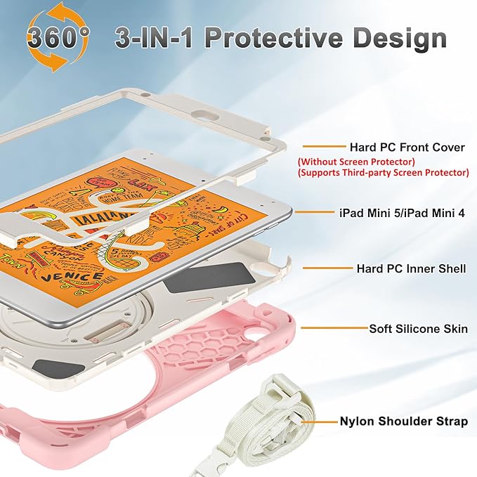 BRAECNstock Kids Case for Apple iPad mini 5/4 7.9 2019/2015 Shockproof Protective with Pencil Holder Rotating Stand &amp Hand StrapShoulder Strap Case for iPad mini 5th/4th Gen Sakura Pink