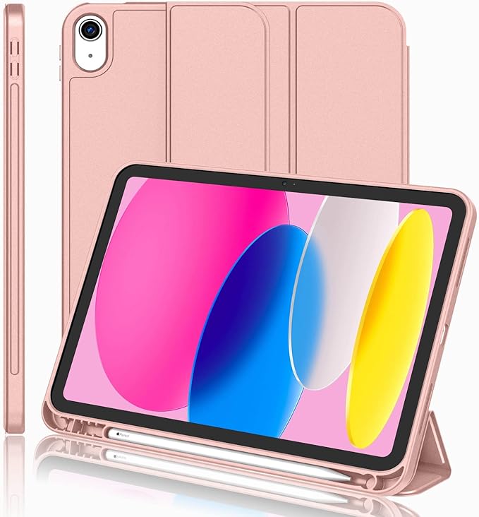 iMieet iPad (A16) Case 11th Gen/iPad 10th Generation Case [11-Inch 2025/10.9 Inch 2022] with Pencil Holder Trifold Stand Smart Cover with Soft TPU BackAuto Wake/Sleep(Rose Gold)
