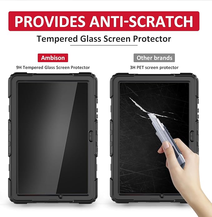 Ambison Case for Samsung Galaxy Tab A9+ Plus 11'' 2023 [Kids Proof] Full Body Protective Case with 9H Tempered Glass Screen Protector 360° Rotatable Kickstand &amp Hand Strap (Black)