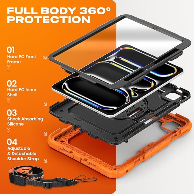 SEYMAC stock Case for iPad Pro 11-inch M5-M4 2025-2024 Shockproof Heavy Duty Case with Screen Protector Pencil Holder Rotating Stand Hand Strap Shoulder Strap Orange