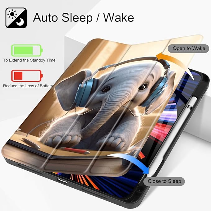 Tuiklol Case for iPad Pro 12.9 inch M2 Generation 6th / 5th / 4th / 3rd 2022 2021 2020 2018 Release - Built in Pencil Holder Slim Protective Cover with Auto Wake/Sleep Elephant