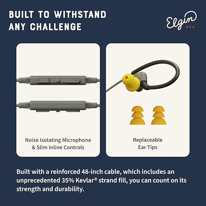 Elgin Rumble Wired Earplug Headphones with mic in-Ear Earbuds 3.5mm Jack 27 dB NRR IP67 Waterproof OSHA CompliantEarbuds Noise Isolating Hearing Protection Work Safety