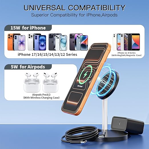 Magnetic Wireless Charger i Phone Stand 15W Fast Mag-Safe Charging Station 6FT Magnet Wireless Charging Stand with Plug Compatible with Apple iPhone 17/17 Pro/Air/17Pro Max 16/15/14/13/12AirPods Pro