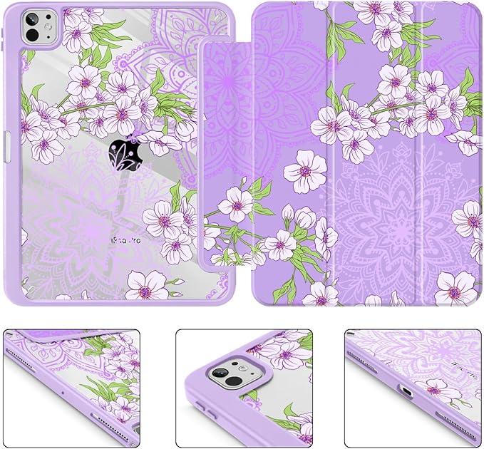 Mektron Case for M5/ M4 iPad Pro 11 inch 2025/2024 with Pencil Holder Compatible Models: A3357/A3358/A3359/A2836/A2837/A3006 Shockproof Cover Clear Shell Blossom Sakura-Purple