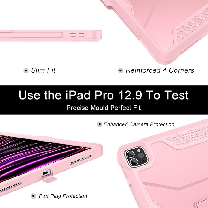 Soke Case for iPad Pro 12.9 Inch 6th/5th/4th Generation(2022/2021/2020 Release) Rugged Shockproof Protective Cover with Built-in Kickstand for Apple iPad Pro 12.9 - Pink
