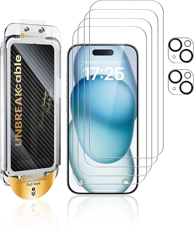 UNBREAKcable for iPhone 15 Screen Protector 4+2 Pack [9H+ Military-Grade Shatterproof] [Effortless Bubble-Free Installation] Ultra HD Clarity Tempered Glass with Lens Protector Case friendly