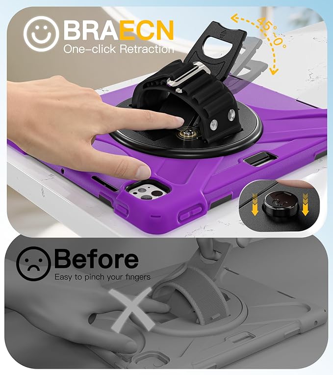 BRAECN for iPad Pro 13 inch Case M5 2025 &amp M4 2024 Heavy Duty Shockproof Protective with Pencil Holder Screen Protector 360°Rotating Stand Handle &amp Shoulder Strap Full Body Cover Kids Friendly