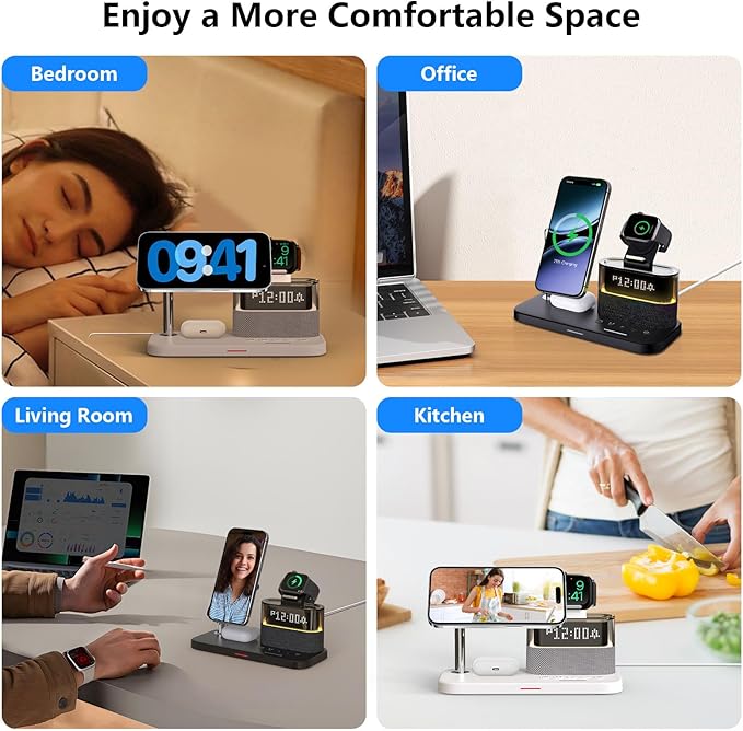 Charging Station with ClockMagnetic Wireless Charger for iPhone17 16 15 14 13 Pro Max Airpods Apple Watch Samsung PhoneBedside Docking Station with LightTech Gadgets Gifts for Men Women