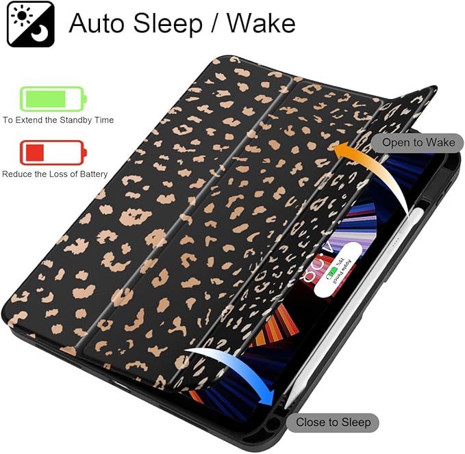 May Chen Case for iPad Air 13 Inch M4 2026 M3 2025 M2 2024 [Built-in Pencil Holder] Shockproof Cover with Clear Transparent Back Shell Auto Sleep/Wake Cover Leopard Print