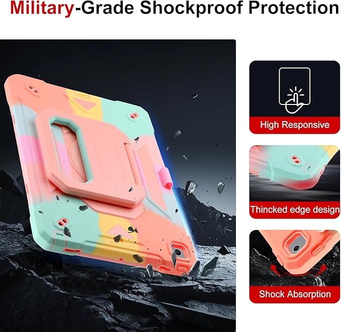 Case for iPad 9th Generation (2021) /iPad 8th Gen (2020)/iPad 7th Gen (2019) Military Grade Shockproof iPad Case Built-in 360°Rotating Stand/Pen Slot/Shoulder Strap for iPad 10.2 (Rainbow Pink)