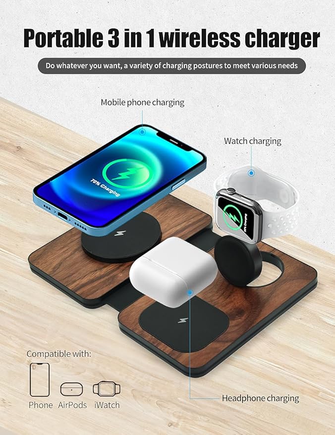 3-in-1 Charging Station for Apple Devices Fast Mag Safe Wireless Charger Foldable Travel Charger for Cell Phone 16-12 Series AirPods and iWatch Series (wulnut Wood)