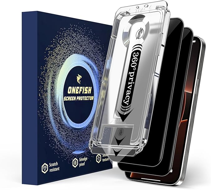 OneFish 2 Pack Privacy Screen Protector for iPhone 16/15-4-Way 360° Anti-Spy Tempered Glass 9H Hardness 3D Curved Edges Case-Friendly &amp Easy Installation