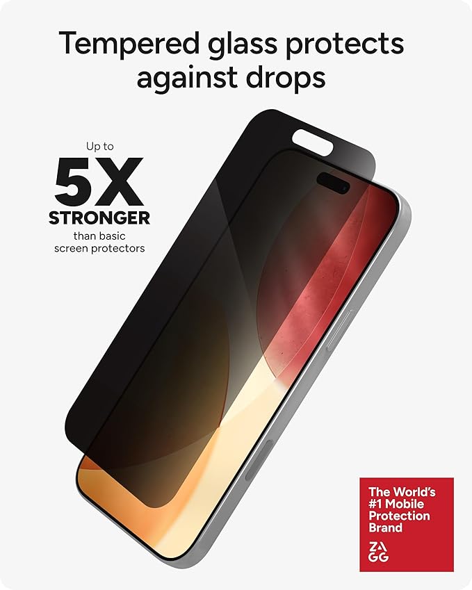 ZAGG Privacy XTR Screen Protector for iPhone 17 Pro Max - 4-Way Privacy Full-Screen Filter 5X Stronger Fingerprint-Resistant Tempered Glass Smooth Feel Easy Two-Step Installation