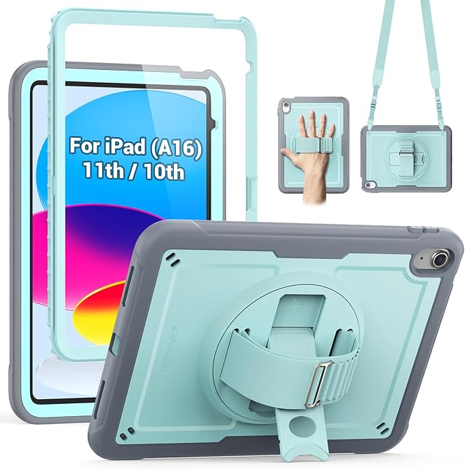 SEYMAC for iPad (A16) 11th/10th Generation Case 2025/2022 (11″/10.9″) Full-Body Shockproof Protective Case with Screen Protector 360° Rotating Stand and Hand/Shoulder Strap Light Blue/Grey