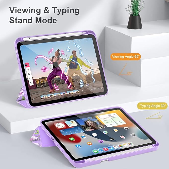 Mektron Printed Case for iPad mini 7 (A17 Pro) 2024/ Mini 6 2021 iPad mini 7th/6th Generation 8.3-inch Liquid Retina Display Cover Buit in Pencil Holder with Clear Back Shell Blossom Sakura-Purple