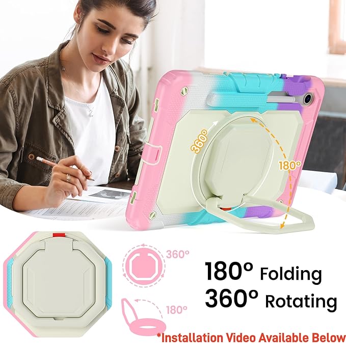 HXCASEAC Case for Galaxy Tab S10 lite / S10 FE / S9 FE 10.9 Inch Shockproof | 360° Rotating Stand | S Pen Holder | Screen Protector | Shoulder Strap | Samaung S10 Lite Tablet Case Kids Rainbow Pink