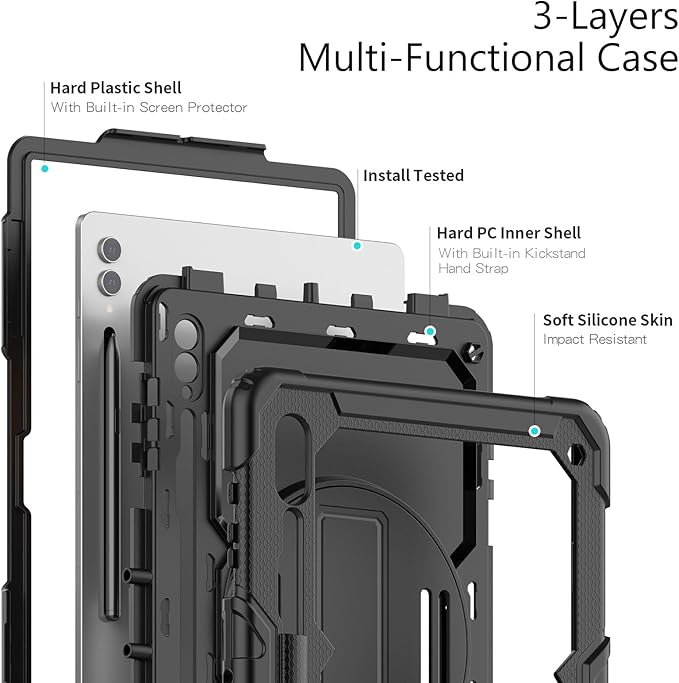 Case for Samsung Galaxy Tab S10 Ultra / S9 Ultra / S8 Ultra Case 14.6 inch with Screen Protector Hand Strap Shoulder Strap Rotating Stand and Pen Holder Black