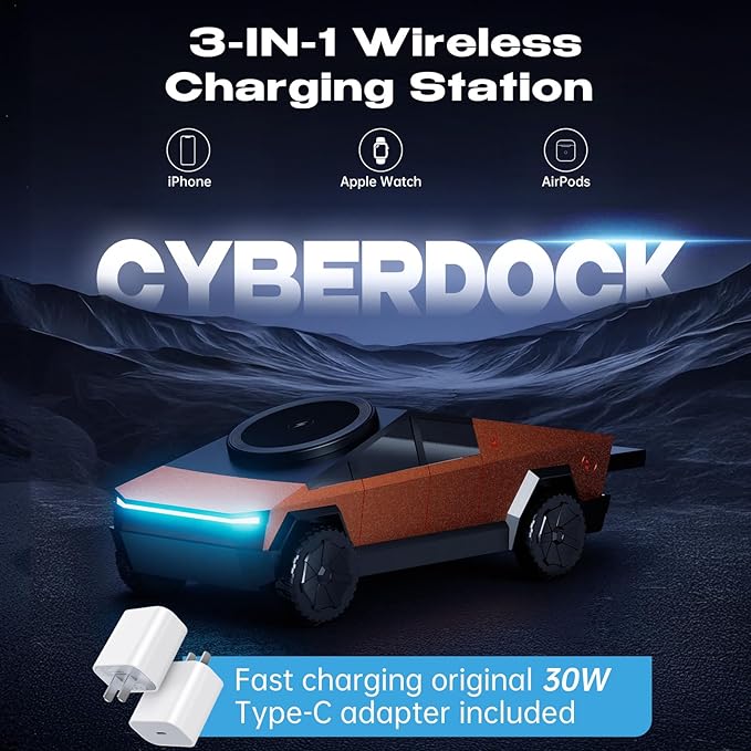 CyberDock 3-in-1 Wireless Charging Station Cybertruck 1:25 Scale Charger with Qi2 Certified 15W Charging for iPhone iWatch AirPods Magnetic Rotating Charger with Ambient Light 30W Adapter Orange