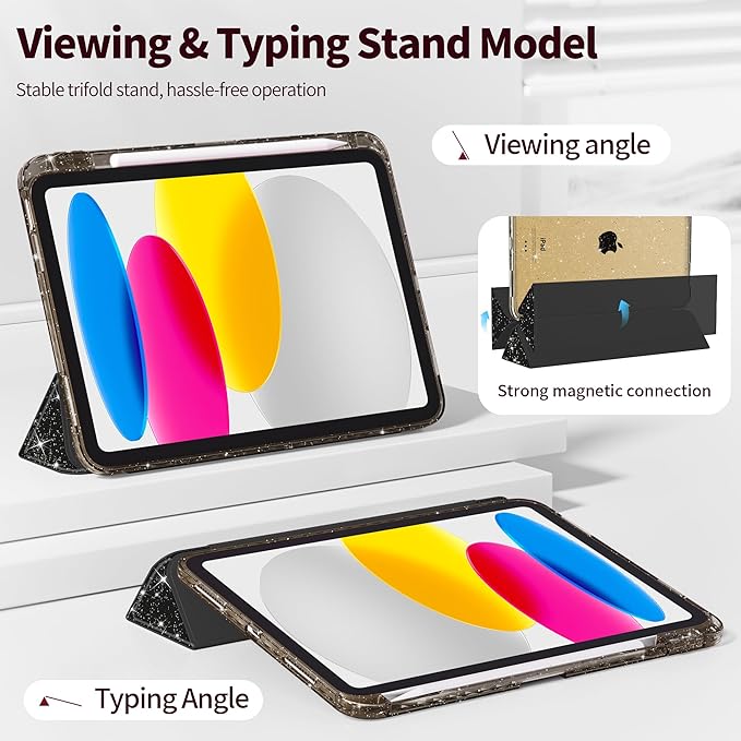 Tuiklol Sparkly Case for iPad (A16 Chip) 11th Gen 11 inch 2025 / iPad 10th Gen 10.9 inch 2022 Built in Pencil Holder with Glitter Clear Back Shell Cover Trifold Stand Auto Wake/Sleep Sparkly-Black