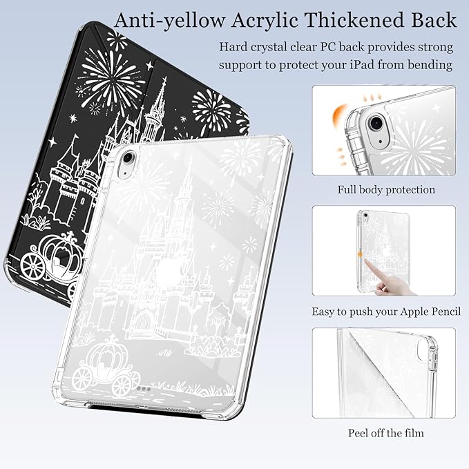 Cute White Castle for iPad (A16) 11th/10th Generation Case 11 Inch/10.9 Inch 2025/2022 with Pencil Holder Auto Sleep/Wake Black Leather Acrylic Back Detachable Cover