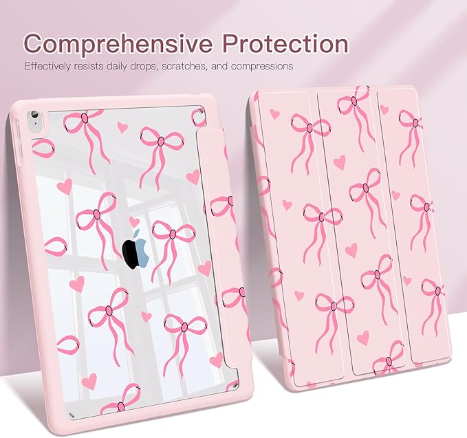 Teryeefi for iPad 9th Generation Case Clear Back Cover with Pencil Holder &amp Auto Sleep/Wake for iPad 10.2 inch 9th/8th/7th Generation 2021/2020/2019 - Cute Pink Bow
